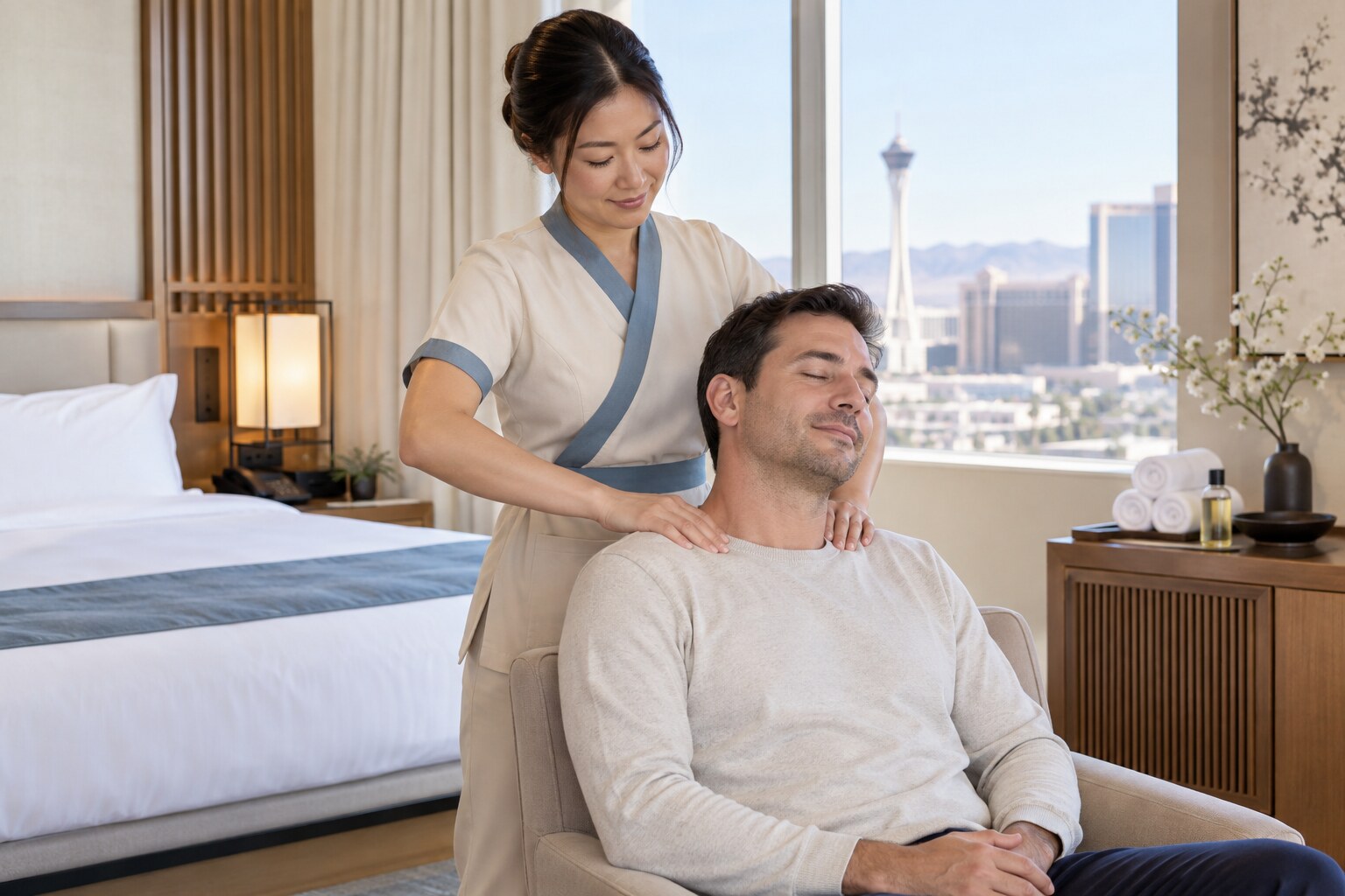Adult male hotel guest receiving a professional seated neck and shoulder massage in Las Vegas