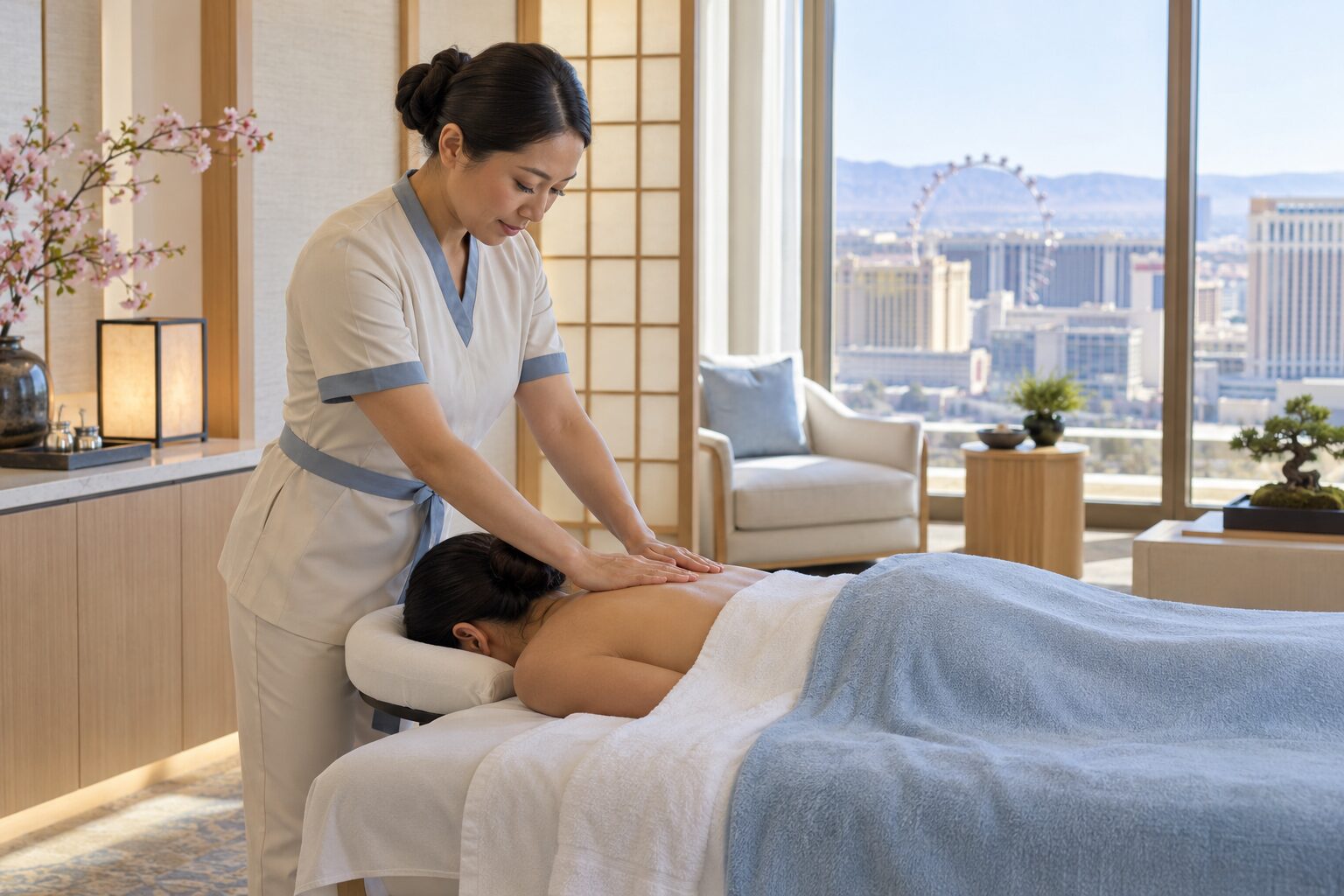 Professional relaxation massage delivered in a bright Las Vegas hotel room