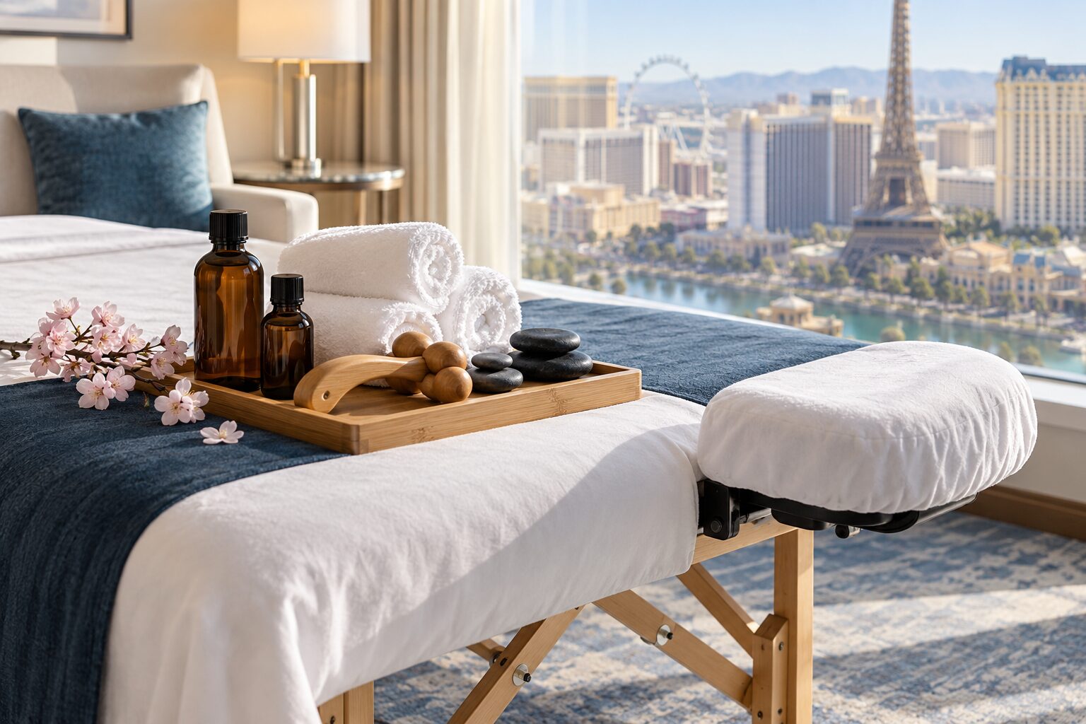 Professional mobile massage table, oils, towels, stones, and massage tools in Las Vegas