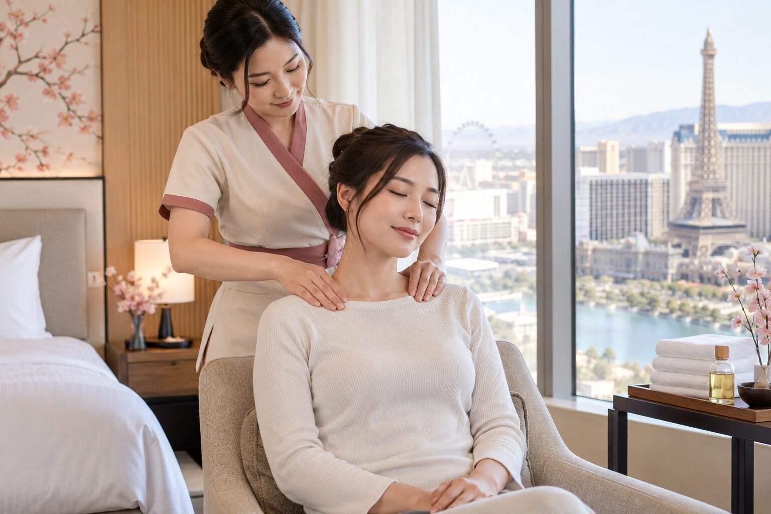 Professional seated neck and shoulder massage in a Las Vegas hotel room